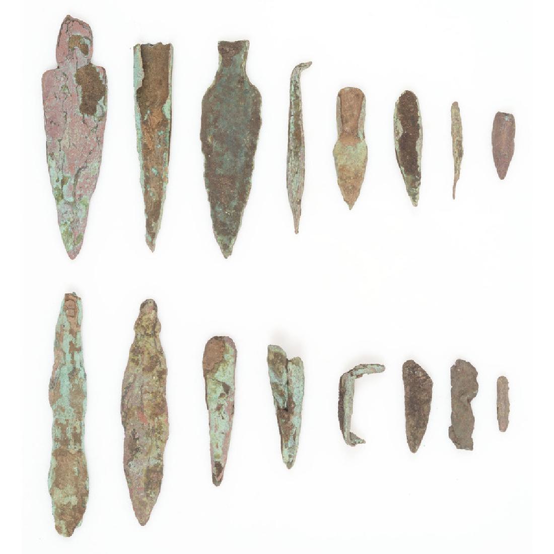 Old Copper Culture Projectile Points: Old Copper Culture Projectile Points, From the Collection of Roger "Buzzy" Mussatti, Michigan Old Copper Culture, 7000-3000 B.C. Vilas County, Wisconsin / Gogebic County, Michigan border lot of 16, lo