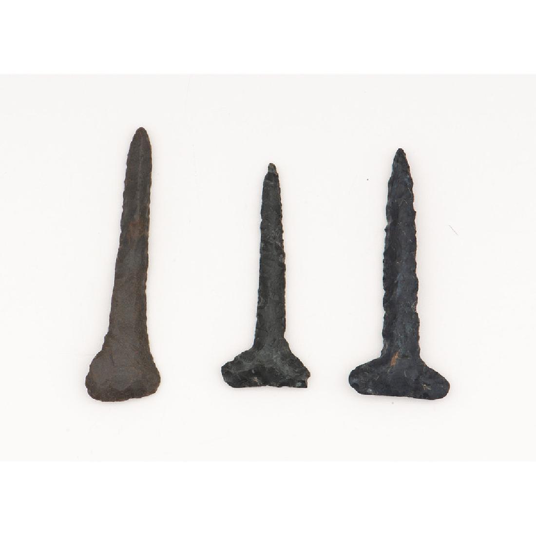 Three Coshocton Flint Drills,: Three Coshocton Flint Drills, From the Collection of Jon Anspaugh, Wapakoneta, Ohio Archaic Period, 8000-500 B.C. lot of 3, longest 3.5 in.