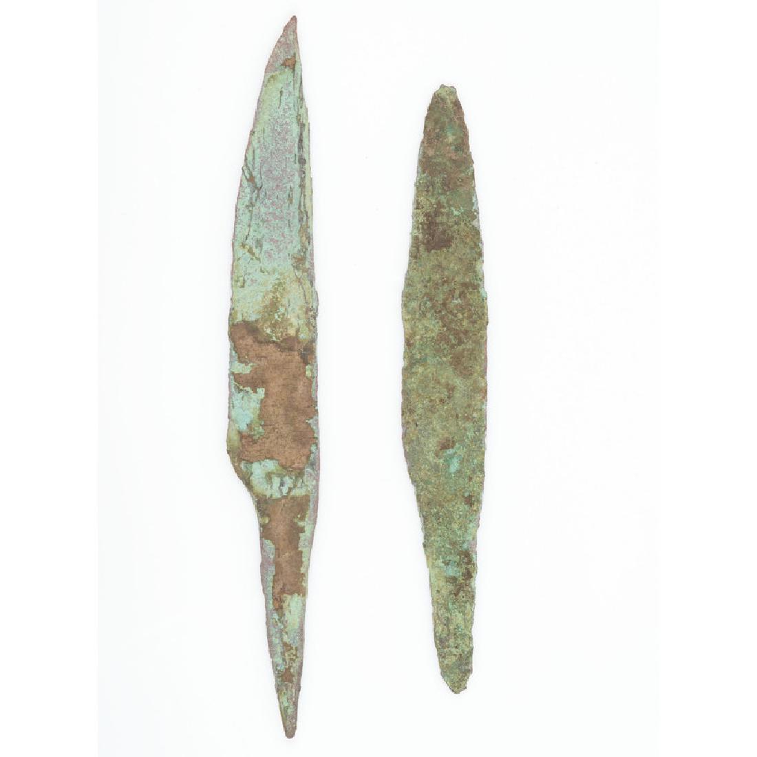 A Pair of Large Old Copper Culture Spear Points,: A Pair of Large Old Copper Culture Spear Points, From the Collection of Roger "Buzzy" Mussatti, Michigan Old Copper Culture, 7000-3000 B.C. Vilas County, Wisconsin Gogebic County, Michigan lot of 2, l