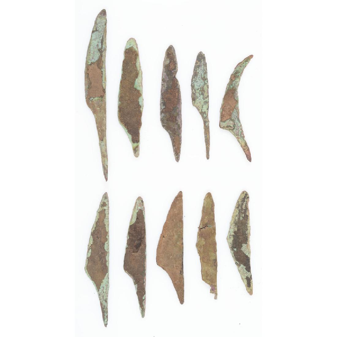 Old Copper Culture Knives: Old Copper Culture Knives, From the Collection of Roger "Buzzy" Mussatti, Michigan Old Copper Culture, 7000-3000 B.C. Vilas County, Wisconsin Gogebic County, Michigan lot of 10, longest 5 in.