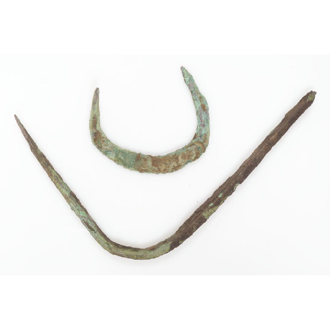 Old Copper Culture Crescent PLUS,: Old Copper Culture Crescent PLUS, From the Collection of Roger "Buzzy" Mussatti, Michigan Old Copper Culture, 7000-3000 B.C. Houghton County, Michigan Keweenaw County, Michigan lot of 2, longest 6.75 