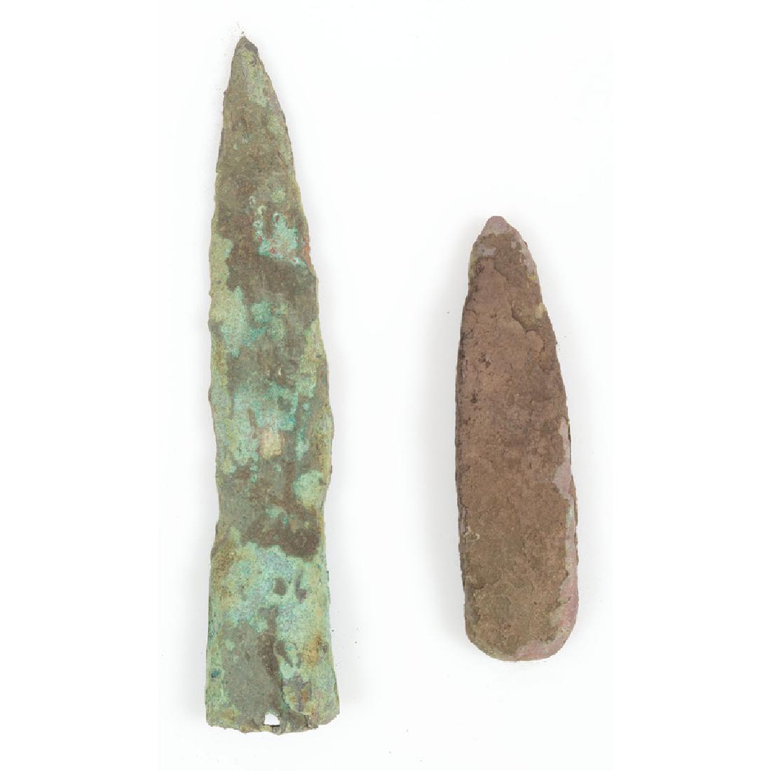 Old Copper Culture Heavy Tools,: Old Copper Culture Heavy Tools, From the Collection of Roger "Buzzy" Mussatti, Michigan Old Copper Culture, 7000-3000 B.C. Keweenaw County, Michigan lot of 2, longest 6.5 in. One a mandrel for forming