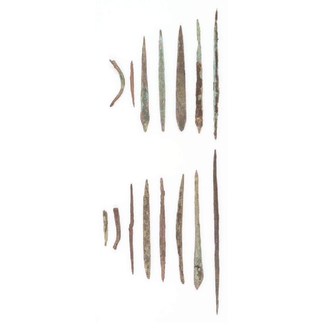 Old Copper Culture Awls and Tools,: Old Copper Culture Awls and Tools, From the Collection of Roger "Buzzy" Mussatti, Michigan Old Copper Culture, 7000-3000 B.C. lot of 14, longest 7 in.