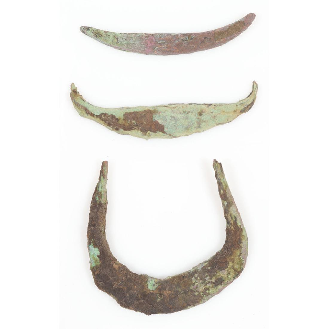 Old Copper Culture Crescents,: Old Copper Culture Crescents, From the Collection of Roger "Buzzy" Mussatti, Michigan Old Copper Culture, 7000-3000 B.C. lot of 3, longest 3 in.