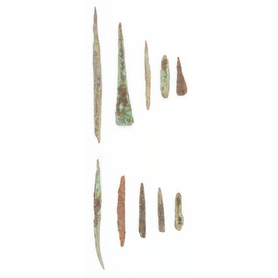 Old Copper Culture Awls and Flint Knapping Tools: From the Collection of Roger "Buzzy" Mussatti, Michigan Old Copper Culture, 7000-3000 B.C. Houghton County, Michigan Keweenaw County, Michigan lot of 10, longest 5.5 in.