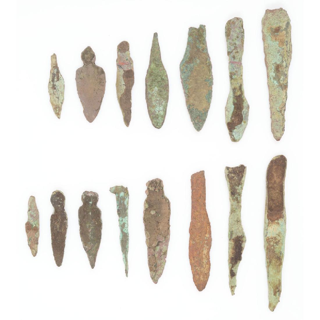 Old Copper Culture Projectile Points: From the Collection of Roger "Buzzy" Mussatti, Michigan Old Copper Culture, 7000-3000 B.C. Vilas County, Wisconsin / Gogebic County, Michigan border lot of 15, longest 5 in.