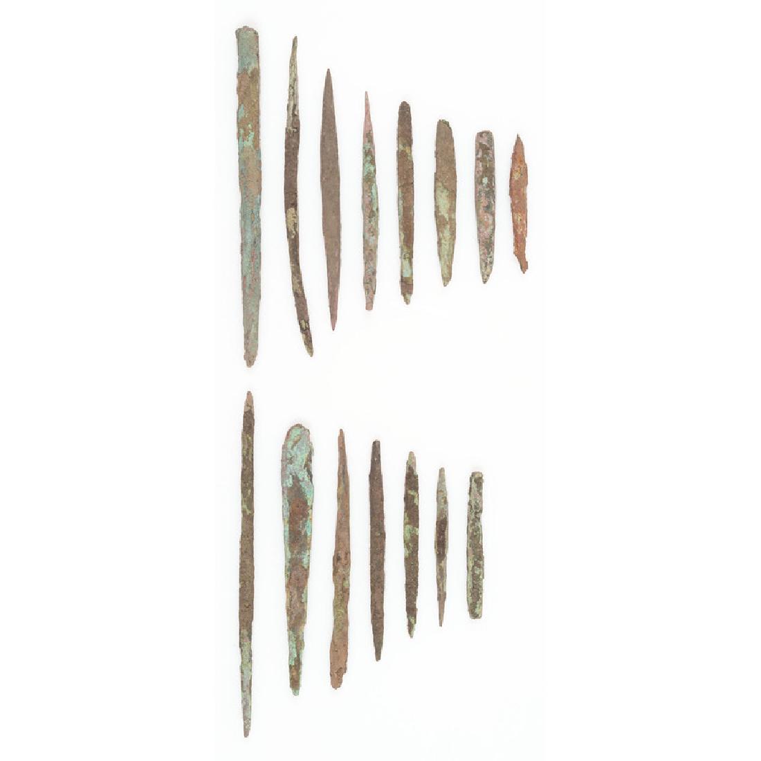 Old Copper Culture Awls: From the Collection of Roger "Buzzy" Mussatti, Michigan Old Copper Culture, 7000-3000 B.C. lot of 15, longest 5 in.