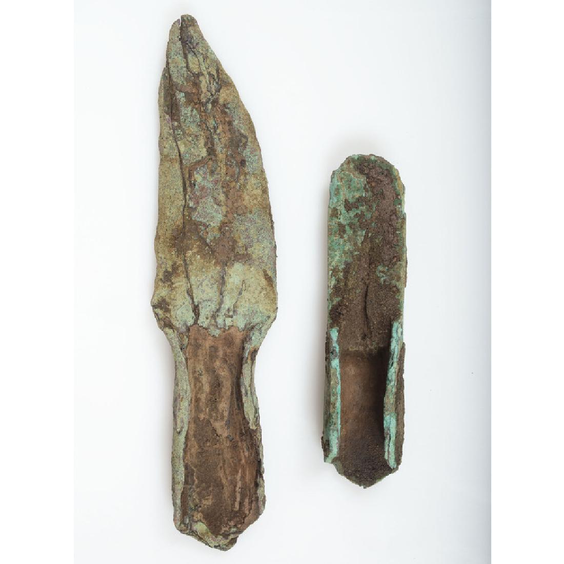 Old Copper Culture Socketed Spear Point and Gouge: From the Collection of Roger "Buzzy" Mussatti, Michigan Old Copper Culture, 7000-3000 B.C. Keweenaw County, Michigan lot of 2, longest 4.75 in.