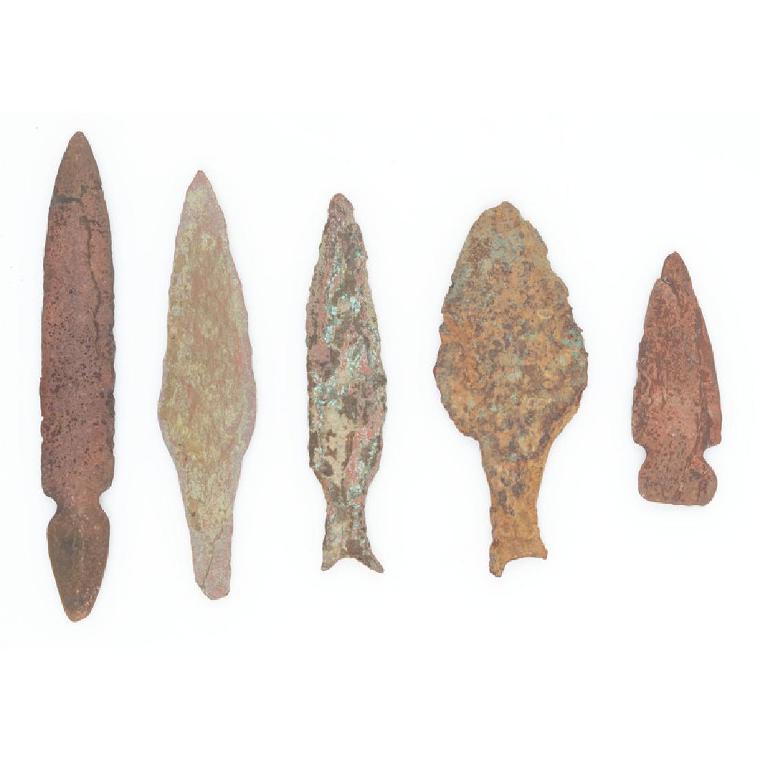 Old Coper Culture Flat Projectile Points: From the Collection of Roger "Buzzy" Mussatti, Michigan Old Copper Culture, 7000-3000 B.C. Keweenaw County, Michigan lot of 5, longest 3.75 in.
