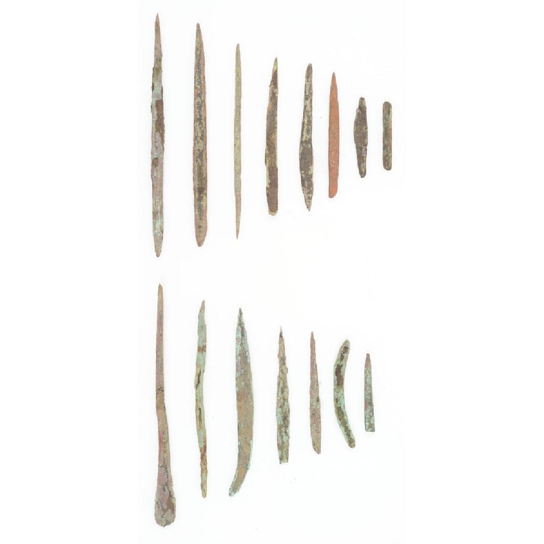 Old Copper Culture Awls: From the Collection of Roger "Buzzy" Mussatti, Michigan Old Copper Culture, 7000-3000 B.C. lot of 15, longest 5 in.