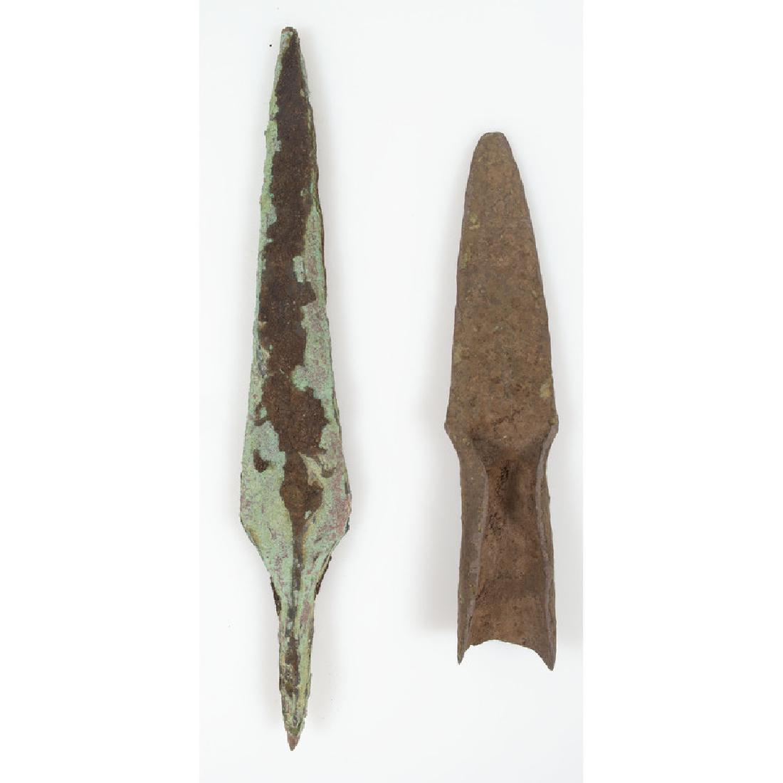 Old Copper Culture Spear Points: From the Collection of Roger "Buzzy" Mussatti, Michigan Old Copper Culture, 7000-3000 B.C. Vilas County, Wisconsin Gogebic County, Michigan lot of 2, longest 5.75 in. One socketed and one rat tail.