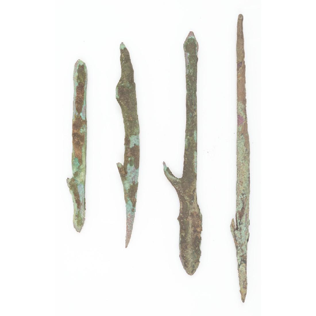 Old Copper Culture Muskrat Spears PLUS A Harpoon: From the Collection of Roger "Buzzy" Mussatti, Michigan Old Copper Culture, 7000-3000 B.C. Vilas County, Wisconsin lot of 4, longest 6 in.