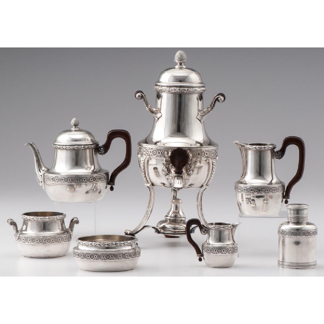 Risler & Carré .950 Silver Tea Service: Risler & Carré .950 Silver Tea Service French, ca 1897-1912. A Risler & Carré .950 silver six-piece tea service, including a tea pot, cream jug, a small pitcher, a tea caddy, waste bowl and op