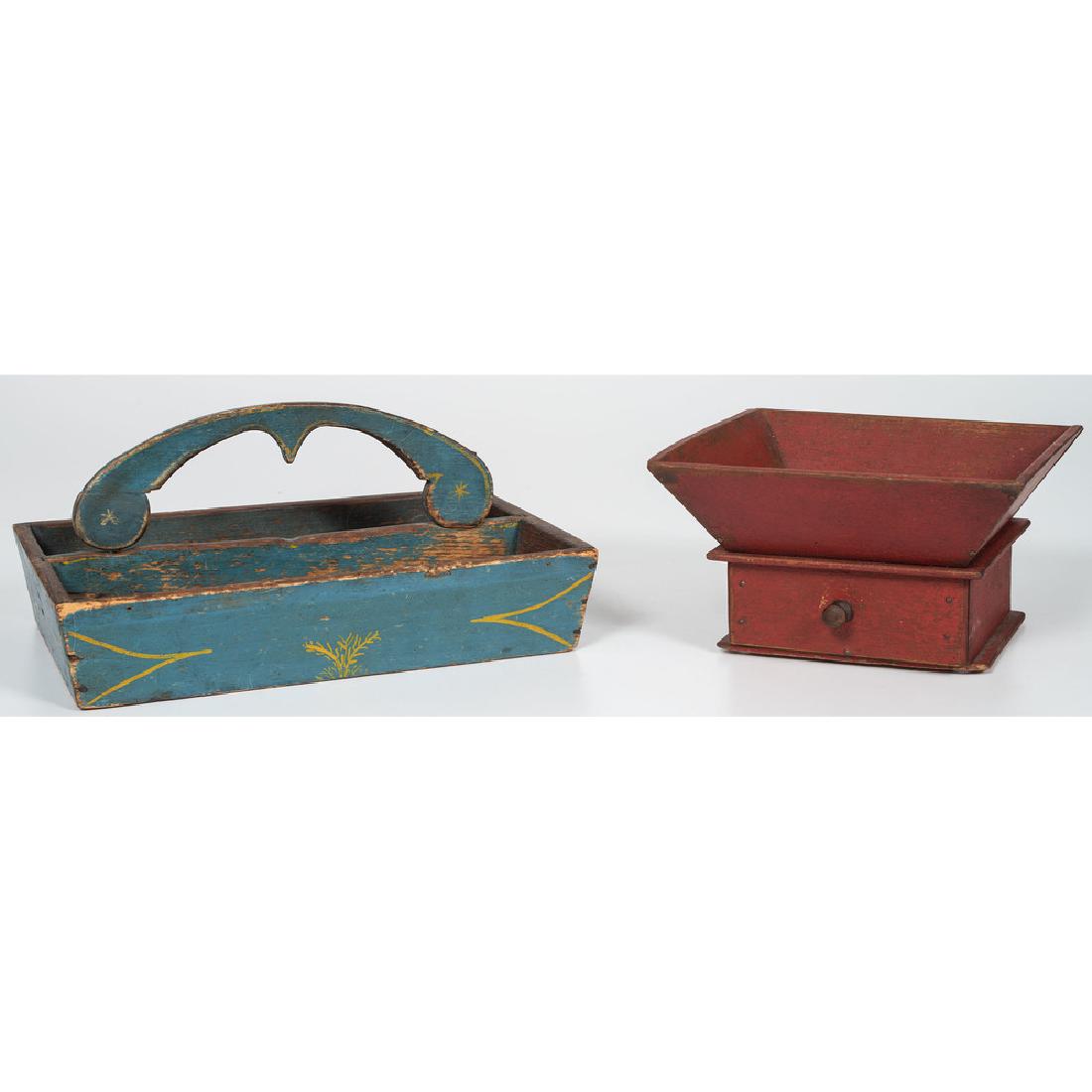 Painted Apple Box and Cutlery Tray: American, 19th century. A small apple box in red paint with a single drawer and a small cutlery or utility tray in blue paint with mustard decoration; tray ht. 5, wd. 10.75, dp. 7.75 in.