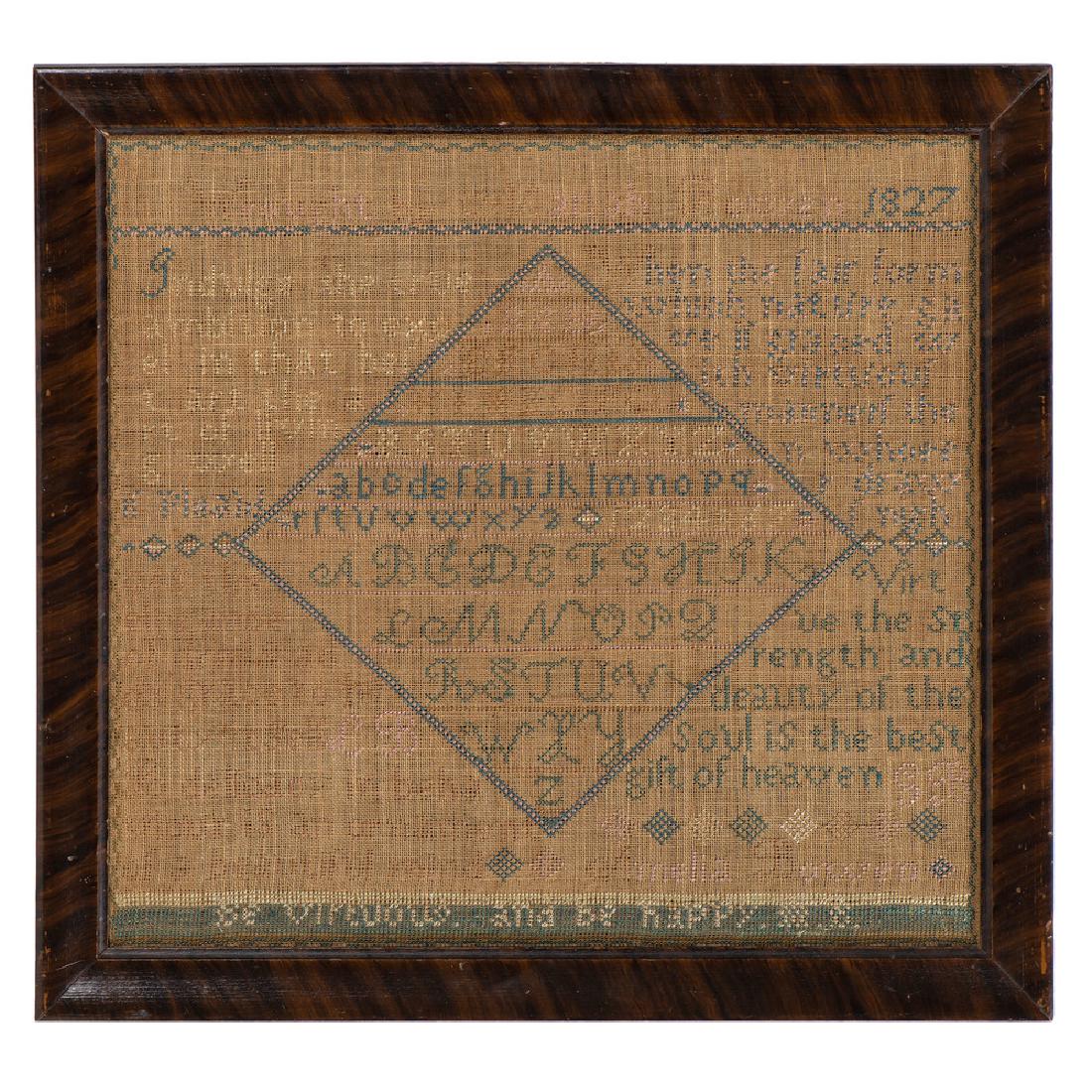 Connecticut Sampler by Mariah Bowen, Dated 1827: American (Connecticut), 1827. A silk on linen sampler with three alphabets within a large central diamond, signed at top Wrought by Mariah Bowen 1827 , each side of the diamond is flanked by a verse,
