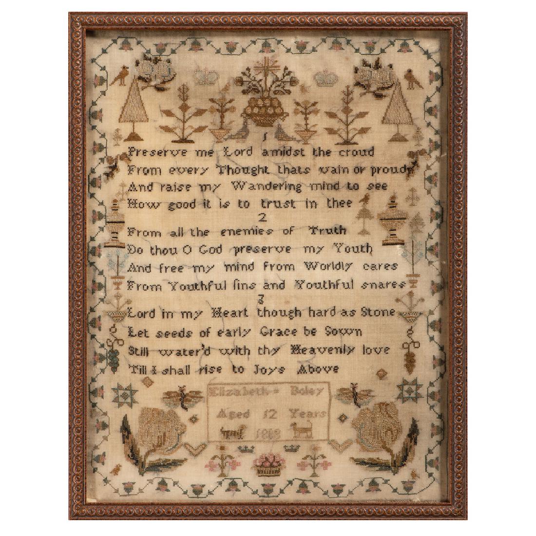 English Sampler by Elizabeth Boley, Dated 1808: Probably English, 1808. A silk on Tiffany (muslin) sampler with an all-around bellflower border, various decorative elements including birds, crowns, plants and flowers, butterflies, a striped cat, an