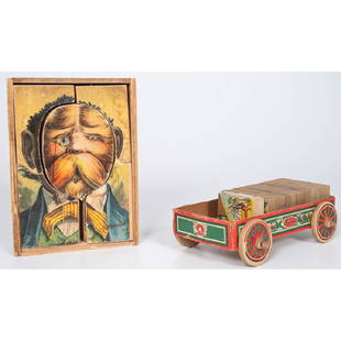 Two Early Boxed Set of Jig-Saw Blocks: American, late 19th-early 20th century. An early set of face jig-saw puzzle blocks, consisting of 25 different pieces fitted in a small wooden crate, and an R. Bliss Mfg. Co. Western Express jig-saw p