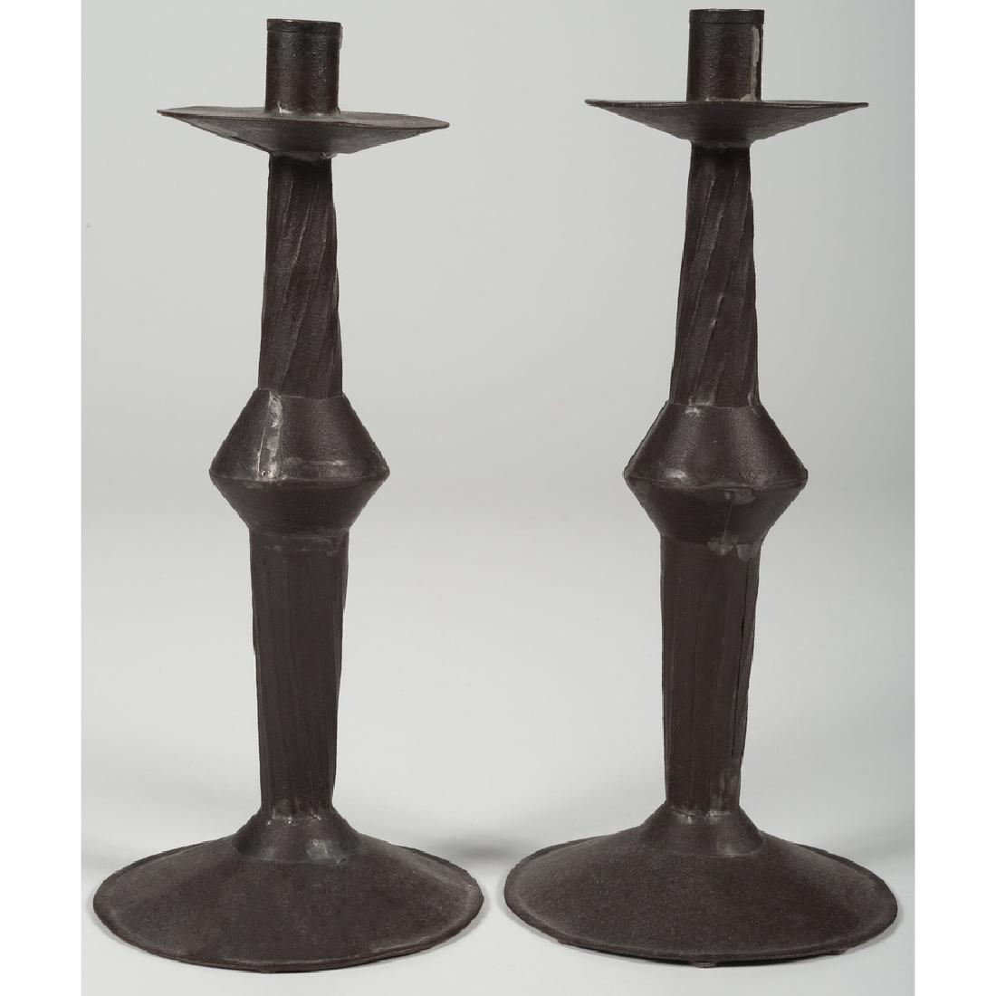 Tin Spiral Candlesticks: 19th century. A pair of tin candlesticks, soldered, with spiral stems; ht. 11.25 in. (each). Provenance: Property from the Americana Collections of Kenneth and Barbara Gruver, Germantown, OH