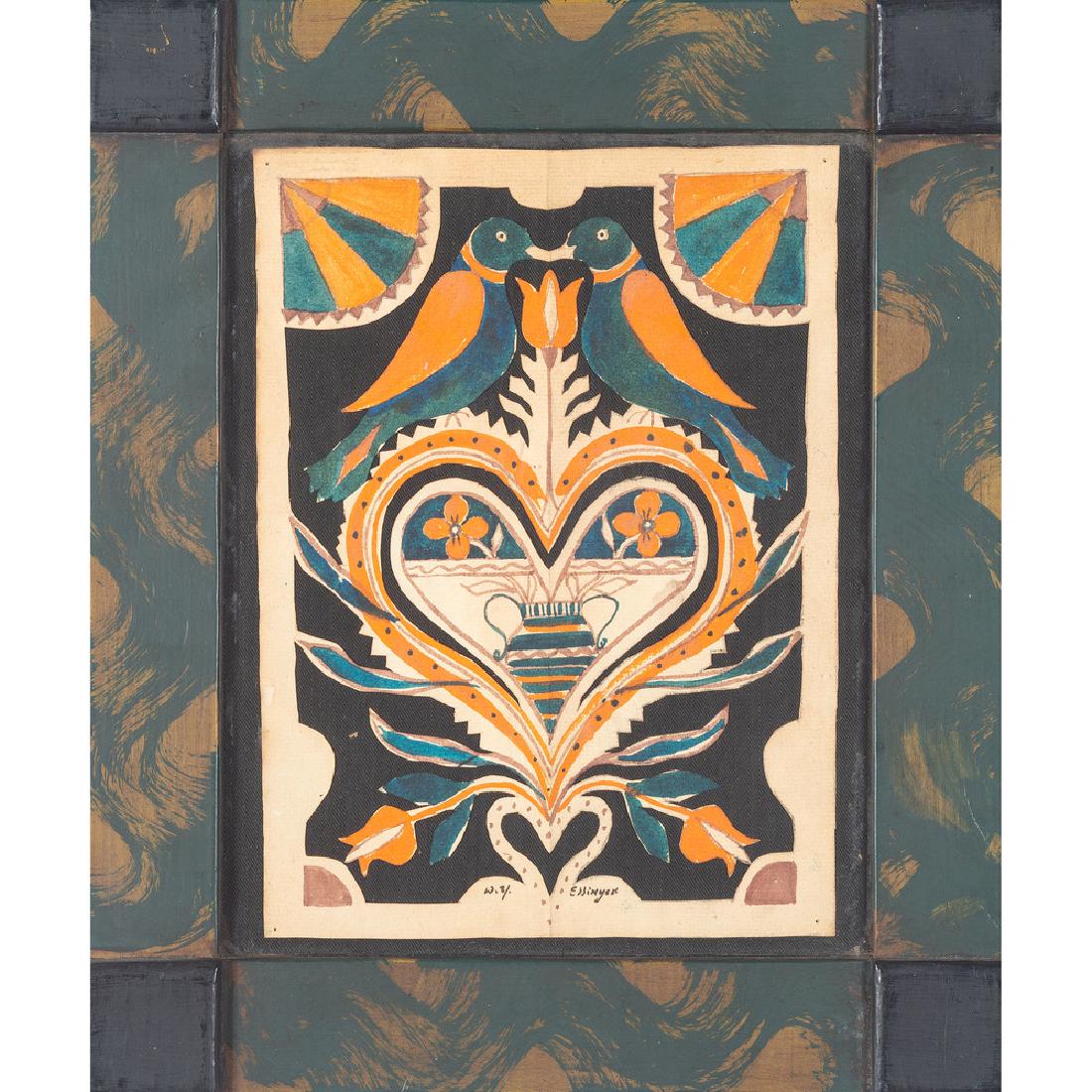 Folk Art Watercolor of Birds By David Ellinger: David Ellinger (American, 1913-2003). A cutout watercolor of two birds perched on a central heart with floral accents, housed in a painted frame; 9 x 7 in. (frame), 12 x 10 in. (frame).
