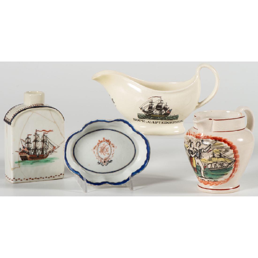 Cream and Pearlware Transfer Vessels, Plus: English, 19th century. A creamware sauce boat with transfer decoration of a ship and dedication to Catharine Edgerton , and a pearlware pitcher with a scene titled Jack's Safe Return , PLUS a Chinese