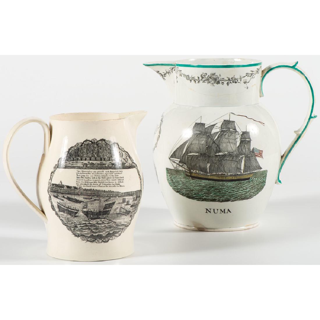 Pearlware and Creamware Nautical Pitchers: English, 19th century. A pearlware pitcher with transfer-printed decoration including a colored image of an American ship titled NUMA , a mariner's compass and a United States under the initials JN ,