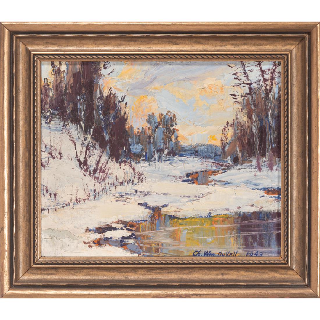 Charles William Duvall (American, 1865-1966): Winter Scene oil on canvas board signed and dated 1943 l.r. framed 7.5 x 9.5 in. (sight) 10.75 x 12.75 in. (frame)