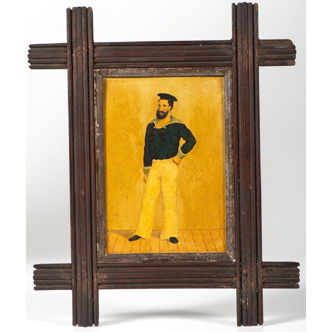 Folk Art Portrait of a Sailor on Tin: American, ca 1860s. Oil on tin. A full length portrait of a Civil War sailor on tin, in original cross corner frame. Signed Charles B. Edgar and dated 1863 to back; 8.25 x 5.5 in. (sight), 15 x 12.25 