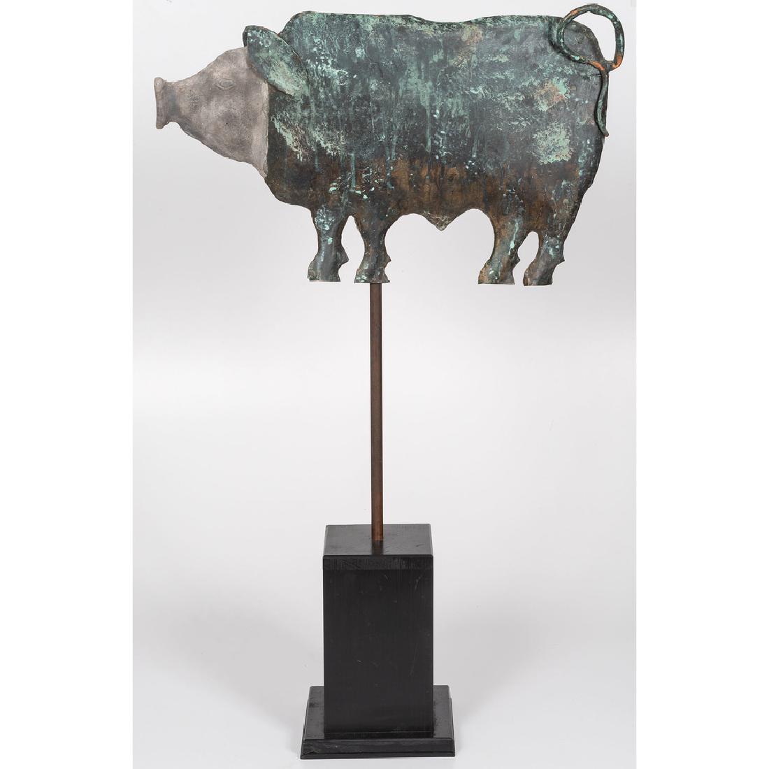Pig Weathervane by Wayne Ayers: American, 20th century. A pig weathervane in copper and zinc. Mounted on a base and stand; vane ht. 15, lg. 25 in., oah. 39.5 in. (with base).