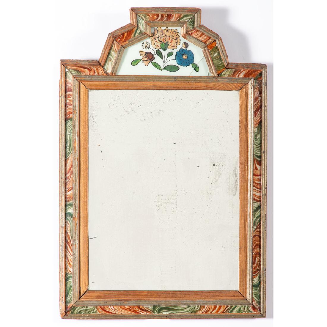 Queen Anne Courting Mirror: Late 18th century. A courting mirror in a pine frame with reverse-painted floral crest and faux marble painted border; ht. 15.5, wd. 10 in. Provenance: Purchased from Joseph Kilbridge Antiques, Groton
