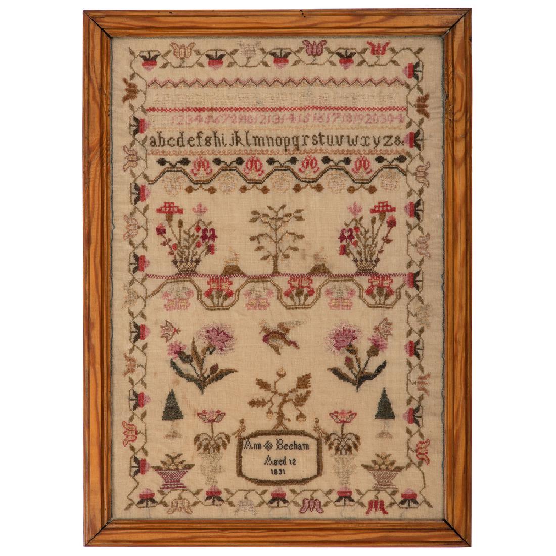 English Sampler by Ann Beeham, Dated 1831: English, 1831. A sampler having an all-around strawberry vine border surrounding upper and lowercase alphabets, a row of numbers, decorative elements of flowers, thistles, butterflies, birds, and urns