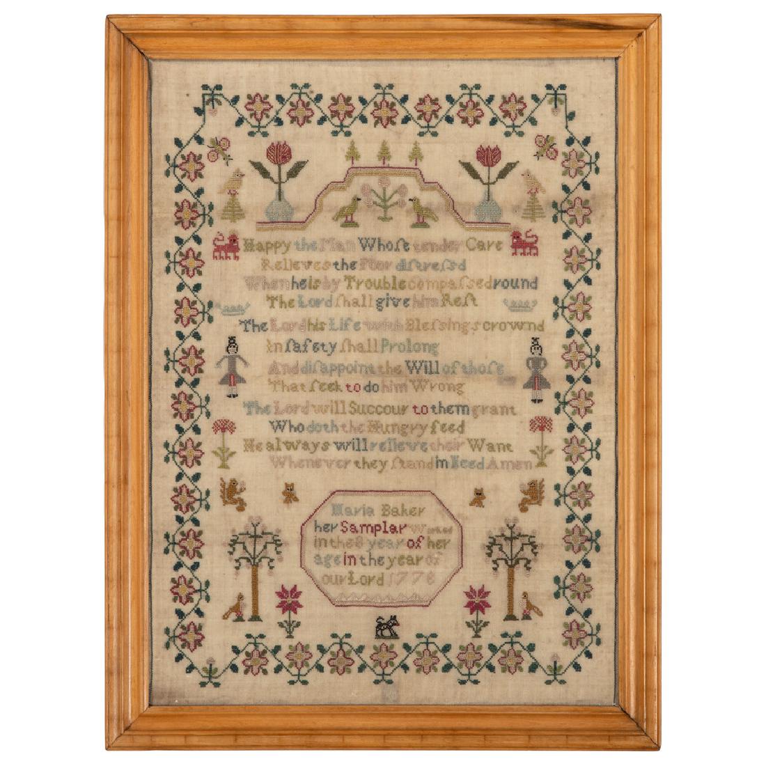 English Sampler Signed by Maria Baker, Dated 1778: English, 1778. A sampler having an all-around floral border, decorative elements of flowers, trees, birds, bees, crowned lions, squirrels, and two human figures surrounding a verse stitched in multipl
