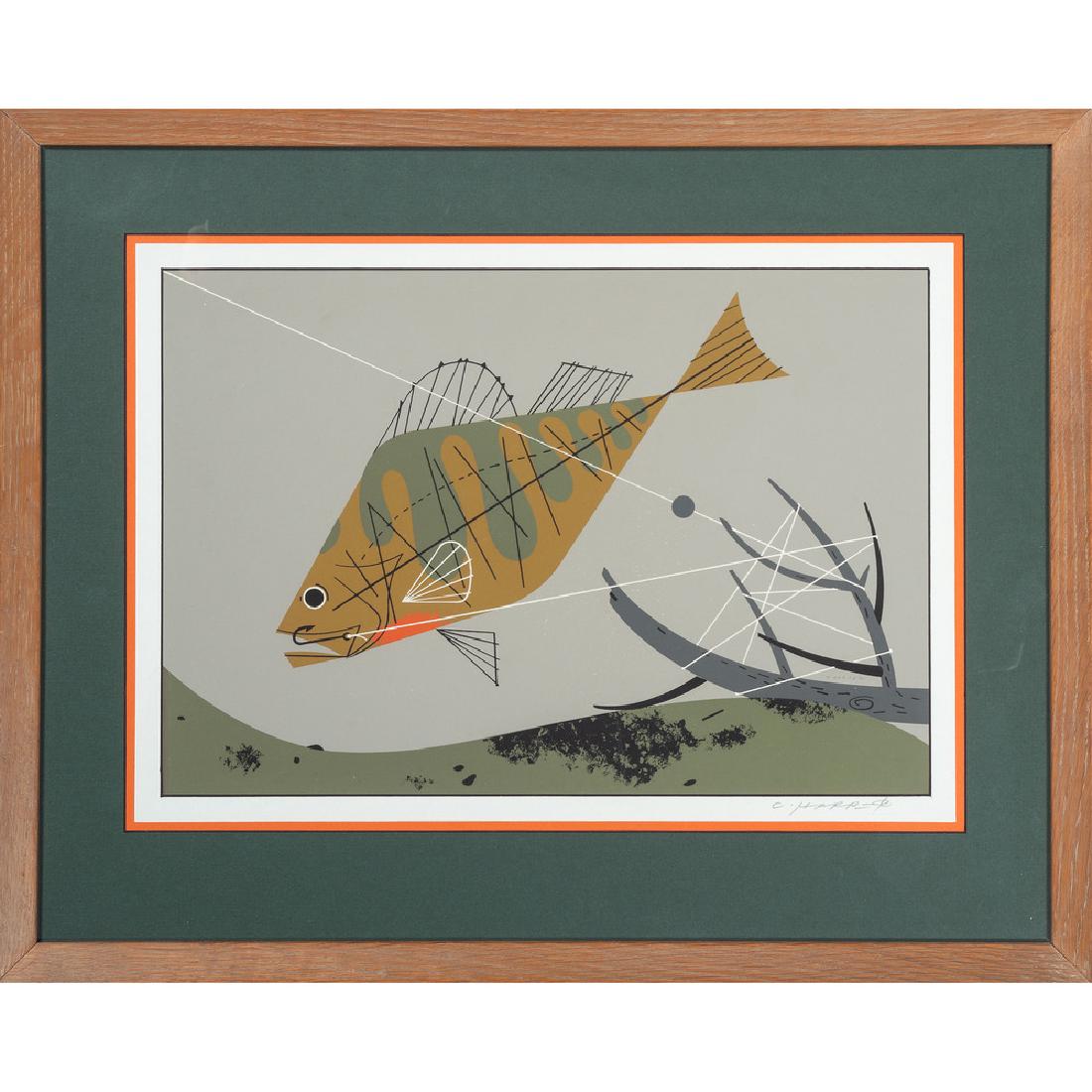 Charley Harper (American, 1922-2007): Trout (Rainbow Trout) and Yellow Perch 2 silkscreens each signed by hand in plate and on mat each matted and framed 10 x 14.5 in. (each, sight) 16.75 x 20.75 in. (each, fram