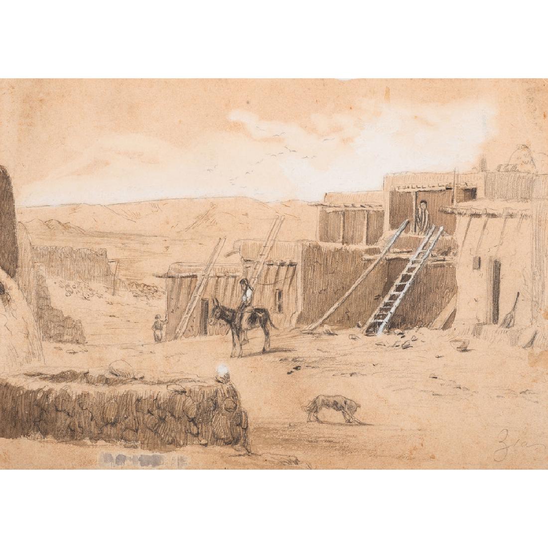 Pencil Drawing of a Zuni Reservation Scene, Style of: American, ca 1860. Pencil and watercolor on paper. Signed l.r., with Peter Moran attribution on cardboard backing; 7 x 9.75 in. (sheet).