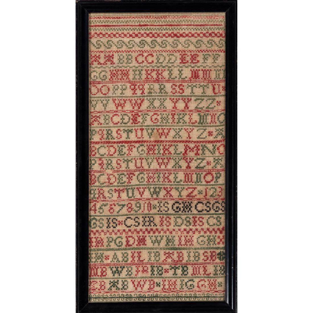 Alphabet Samplers, One Signed and Dated: English or American, 19th century. Two samplers, including one signed Julia King and dated 1829 , with phrase Let virtue prove my never-failing bloom / For mental beauties will survive the tomb ; 10