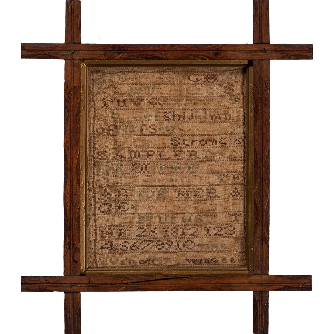 Alphabet and Numerical Samplers: European and American, 19th-20th century. A group of three samplers including one with a crown decoration and initialed MC , one with dog, squirrel, ladder and key decorations inscribed ECAD, and one