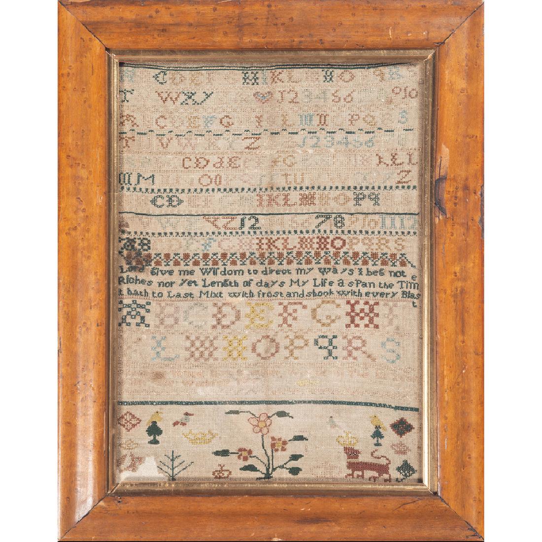 English Samplers: English, 18th-19th century. Two framed needlework alphabet samplers, one with obscured signature and date, the other signed Jemima Roe Havant and dated 1828; larger 19.25 x 12.75 in. (sight), 20.75 x
