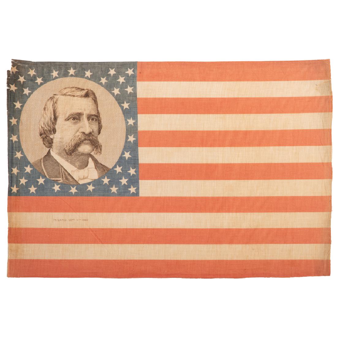 Blaine & Logan, Pair of 1884 Campaign Flags: Blaine & Logan, Pair of 1884 Campaign Flags Lot of 2, both 17.75 x 27 in. printed cotton flags, archivally framed to 23 x 33 in. Cantons with portraits of the running mates surrounded by 38 stars, and
