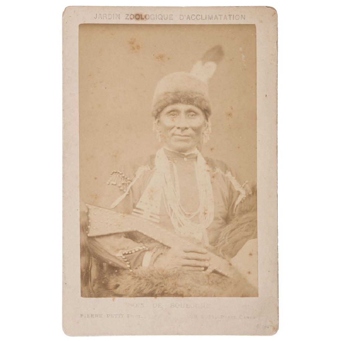 Standing Bear, Omaha, Albumen Photograph by Pierre: Standing Bear, Omaha, Albumen Photograph by Pierre Petit Albumen photograph of Standing Bear, Omaha, mounted to 3.25 in. x 5 in., with imprint of Pierre Petit. Portrait of Standing Bear wearing a fur