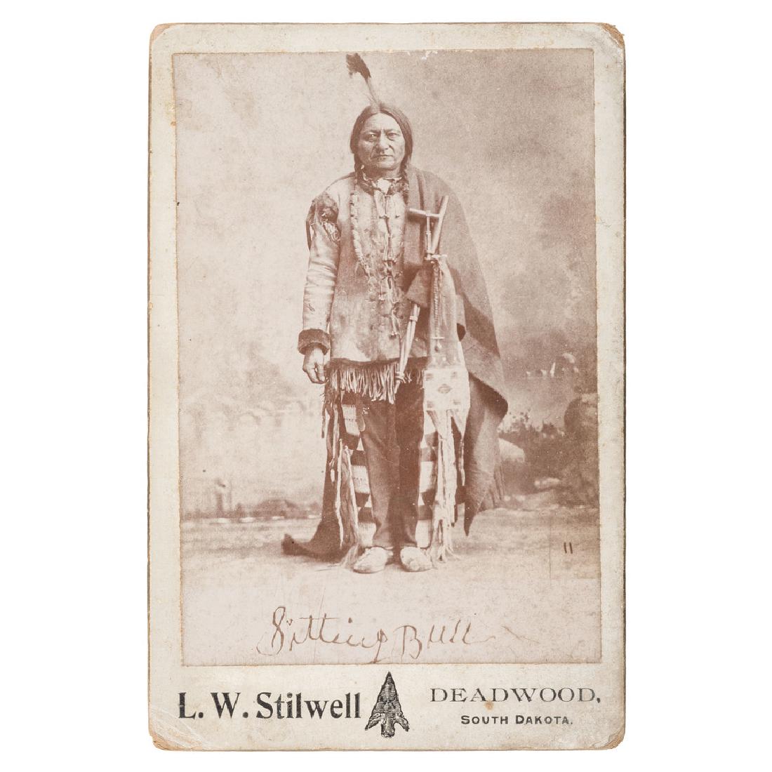 Sitting Bull Cabinet Card by L.W. Stilwell: Sitting Bull Cabinet Card by L.W. Stilwell Cabinet card of Sitting Bull accompanied by his facsimile signature, with L.W. Stilwell, Deadwood, South Dakota studio mark.