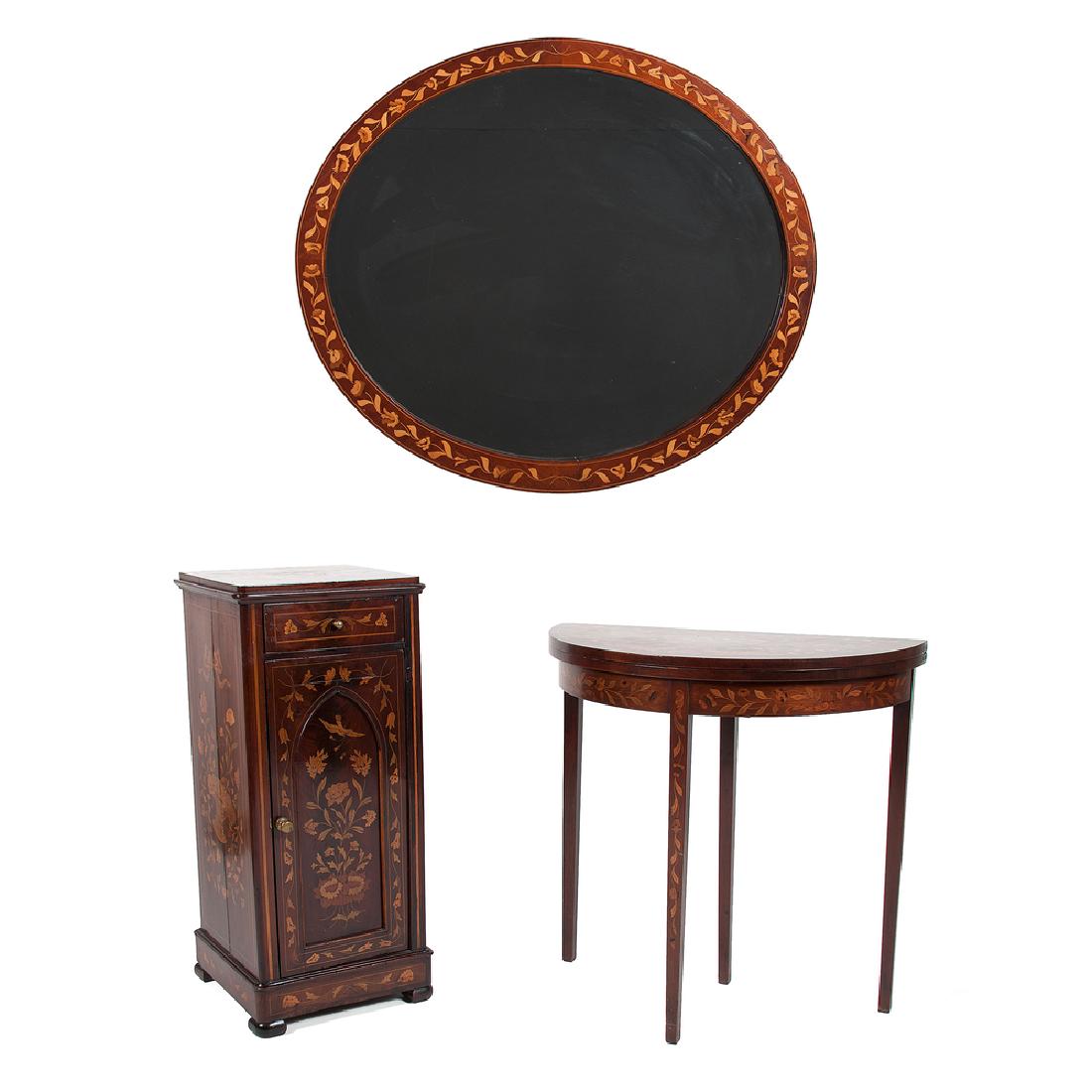 Marquetry Game Table, Stand, and Mirror: Marquetry Game Table, Stand, and Mirror Dutch, late 19th-early 20th century. Three pieces of marquetry furniture, including: one game table with floral and dolphin motif, having hinged top supported b