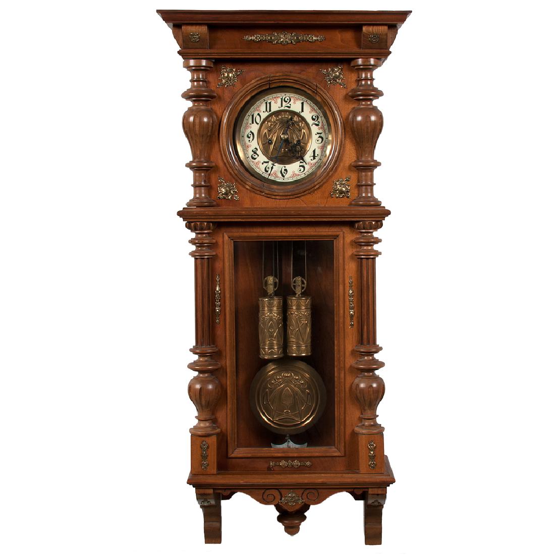 Gustav Becker Regulator Wall Clock: Gustav Becker Regulator Wall Clock German, late 19th-early 20th century. A regulator wall clock by Gustav Becker having a molded top over glass pane pendulum door flanked by half-columns, and a porcel
