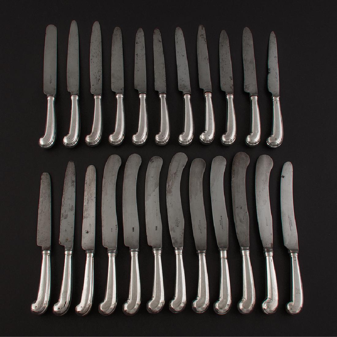 Georgian Sterling Pistol Handle Knives: Georgian Sterling Pistol Handle Knives British, late 18th-early 19th century. Twenty-three sterling-handled pistol knives, some marked on blades for retailers such as Mallett & Son (Bath), Lambert & C