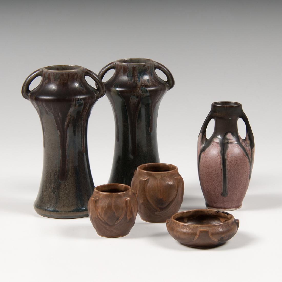 Denbac Art Pottery: Denbac Art Pottery French, 20th century. Six pieces of art pottery by Denbac, including a pair of double-handled vases, two bud vases, and one tiny shallow bowl, all with maker's mark on underside; la
