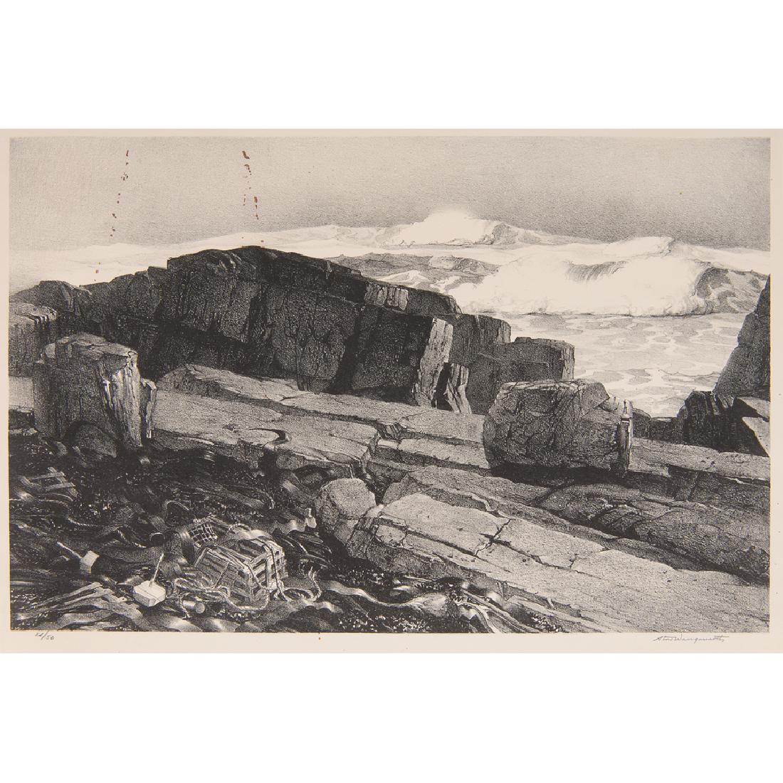 Stow Wegenroth (American, 1906-1978) Lithograph: Stow Wegenroth (American, 1906-1978) Lithograph September Storm 1951 signed outside plate l.r. numbered Ed/50 outside plate l.l. unframed, matted 10.25 x 15.75 in. (plate), 18 x 22 in. (mat)