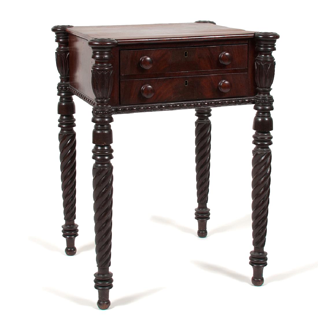 Fine Salem Massachusetts Work Table attributed to: Fine Salem Massachusetts Work Table attributed to Samuel McIntire American (Salem, Massachusetts), ca. 1815. A Sheraton two-drawer stand in mahogany with pine secondary, having a cookie corner top abo