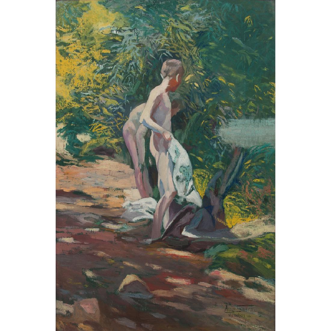 Augustin Satra (Czech-American, 1877-1909) Oil on Board: Augustin Satra (Czech-American, 1877-1909) Oil on Board Boys by a Stream 1906 signed and dated '06 l.r. framed 26.25 x 17.25 in. (sight), 31.5 x 22.75 in. (frame)