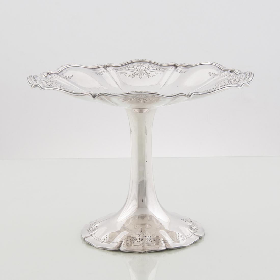 Durgin Sterling Compote: Durgin Sterling Compote American, early 20th century. A sterling compote or cake stand with acanthus and floral design, marked with GORHAM over scripted D / STERLING / 1469 on underside; ht. 8.25, wd.