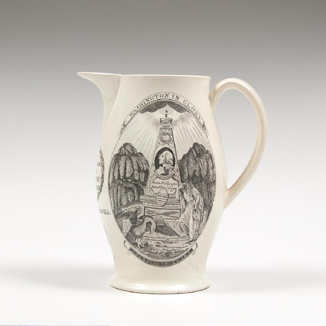 Liverpool Creamware Washington in Glory, America in: Liverpool Creamware Washington in Glory, America in Tears Memorial Pitcher English, mid-19th century. A transfer-printed creamware pitcher, one side with a print of a stylized Washington Monument noti