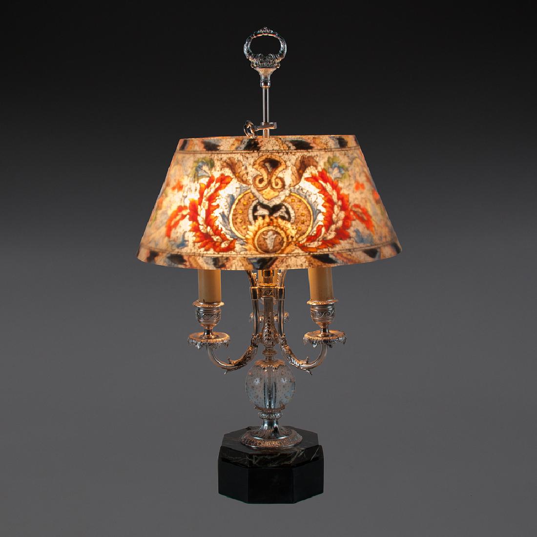 Pairpoint Lamp with Reverse-Painted Directoire Shade: Pairpoint Lamp with Reverse-Painted Directoire Shade American, early 20th century. A Pairpoint lamp with directoire reverse-painted conical shade resting on three-arm silver painted base with central 