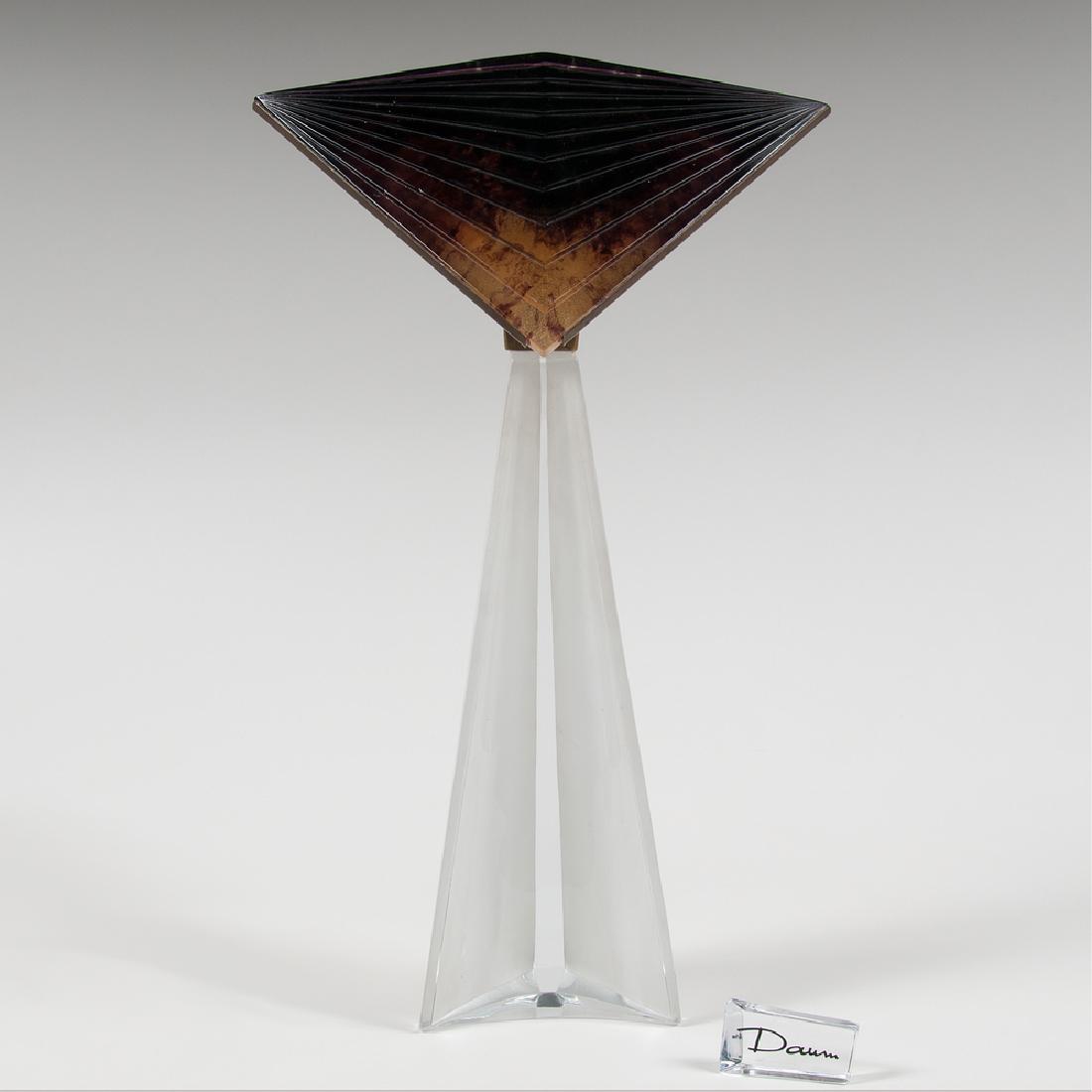 Daum Crystal Lamp: Daum Crystal Lamp French, mid-20th century. A crystal lamp by Daum with clear triangular base and colored stepped shade, marked Daum France on base, with small glass Daum plaque; ht. 22.25, wd. 13.25,